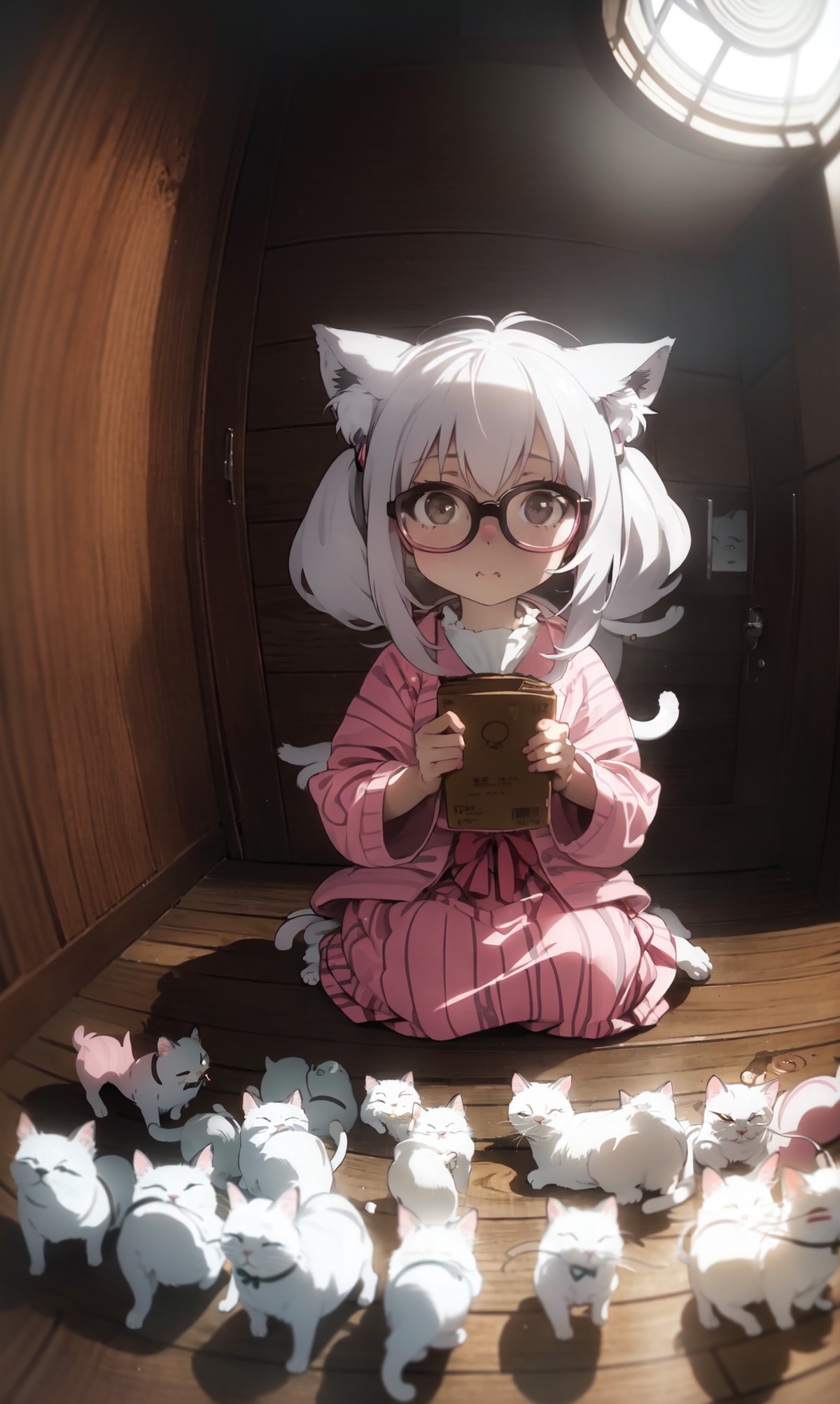 A girl with glasses, surrounded by many white cats, barroco, anime aesthetic, cats fill the picture, Cat lady, animal ear ...